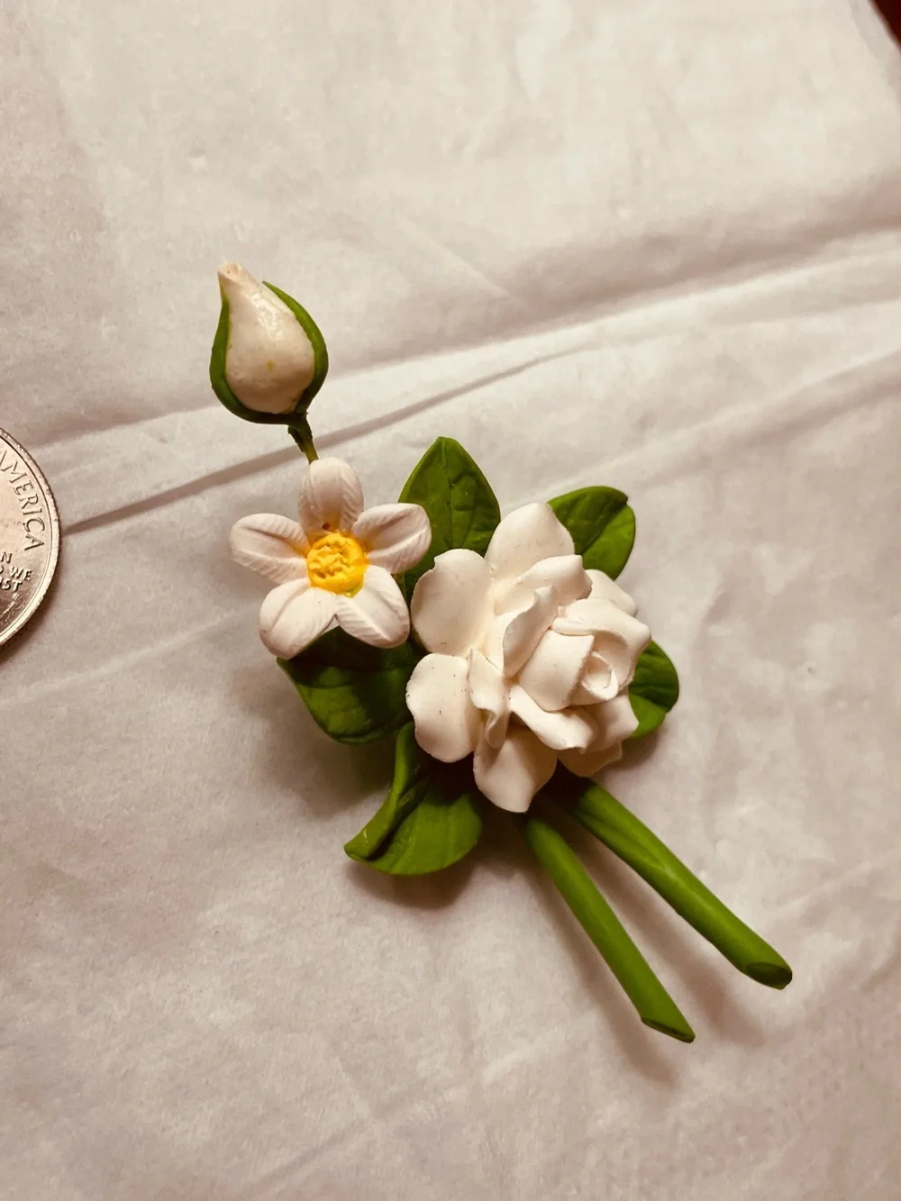White Gardenia Floral Brooch with Green Leaves